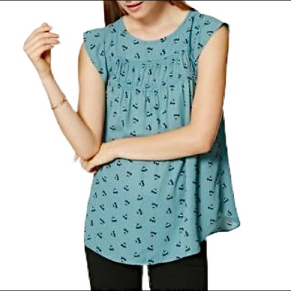 LOFT Turquoise FLORAL SMOCKED FLUTTER SLEEVE TOP BLOUSE SMALL